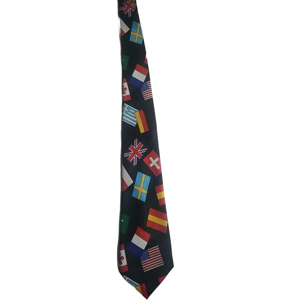 Vintage Dino Romaro Men Nations Flags Black Hand Made Neck Tie